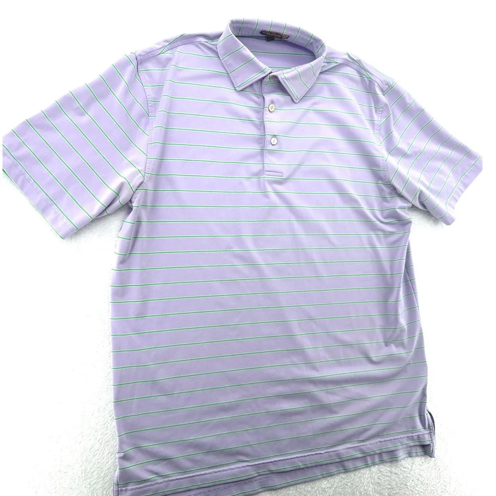 Peter Millar Golf Polo Shirt Size M Purple Green Striped Summer Comfort Short Sl